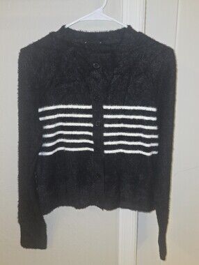 NWOT Express Black Fuzzy Button-Front Cardigan w/ White Stripes Size: Small